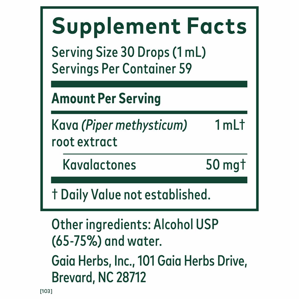 Supplement Facts label for Kava 50 showing serving size, kavalactones content, and ingredients including kava root extract an
