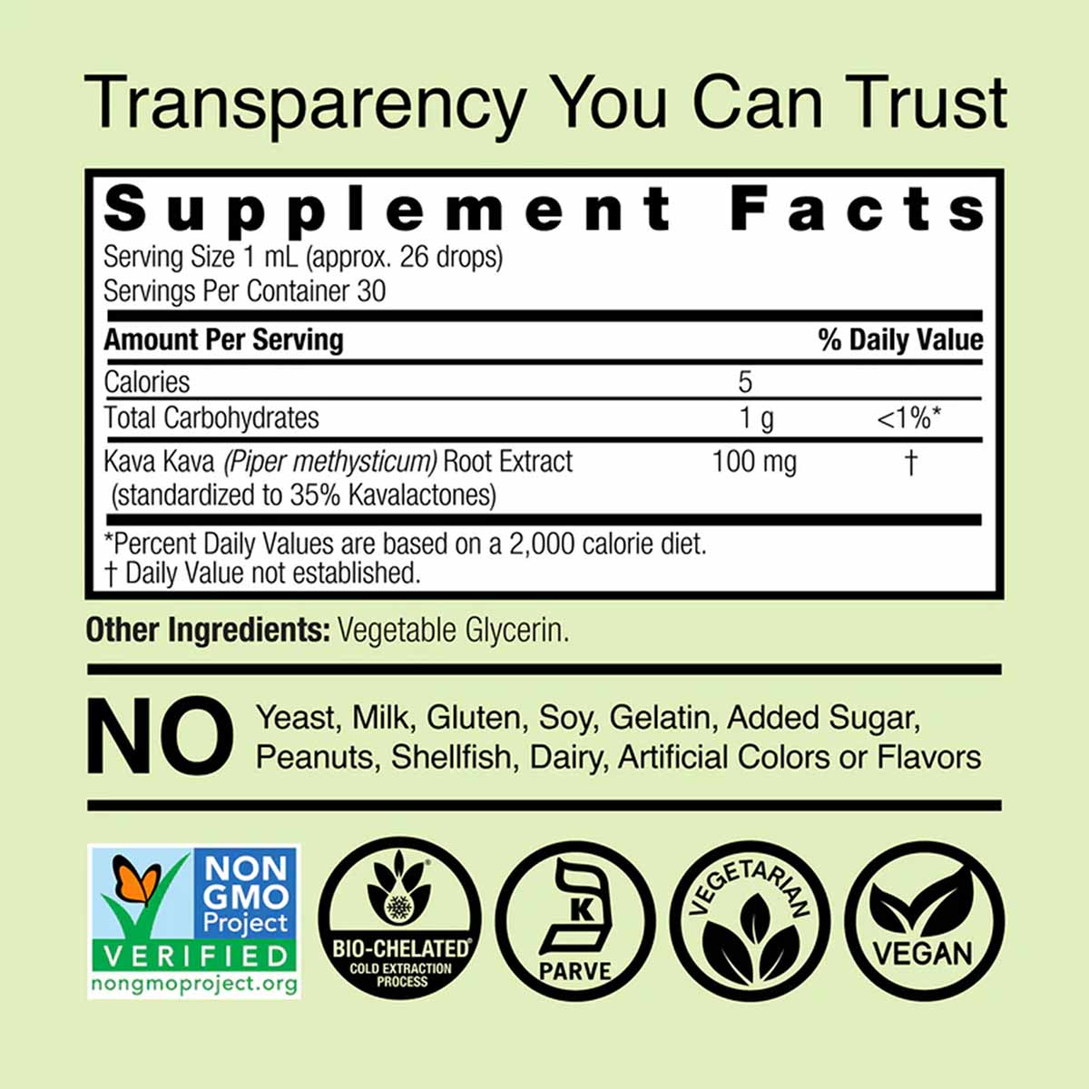 Supplement Facts label for Kava-6 alcohol-free extract showing 100mg kava root per serving with certification badges for Non-