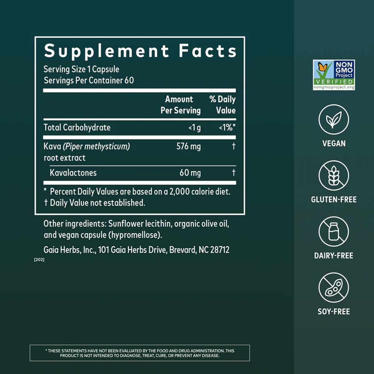 Supplement Facts label for Kava Kava Root by Gaia Herbs showing 576mg kava root extract per capsule with Non-GMO, Vegan, Glut