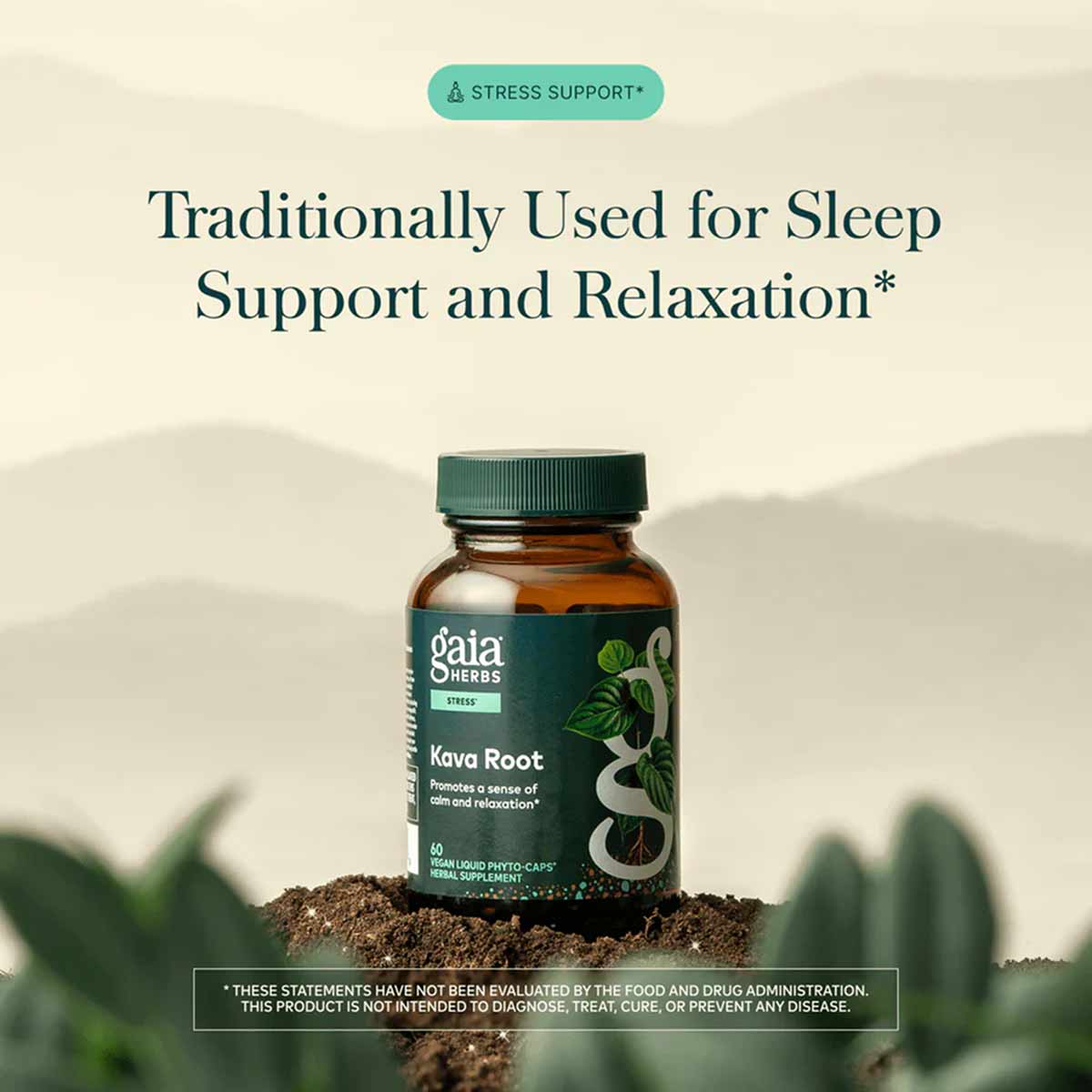 Gaia Herbs Kava Root supplement bottle with green cap sitting in soil against a blurred landscape background.