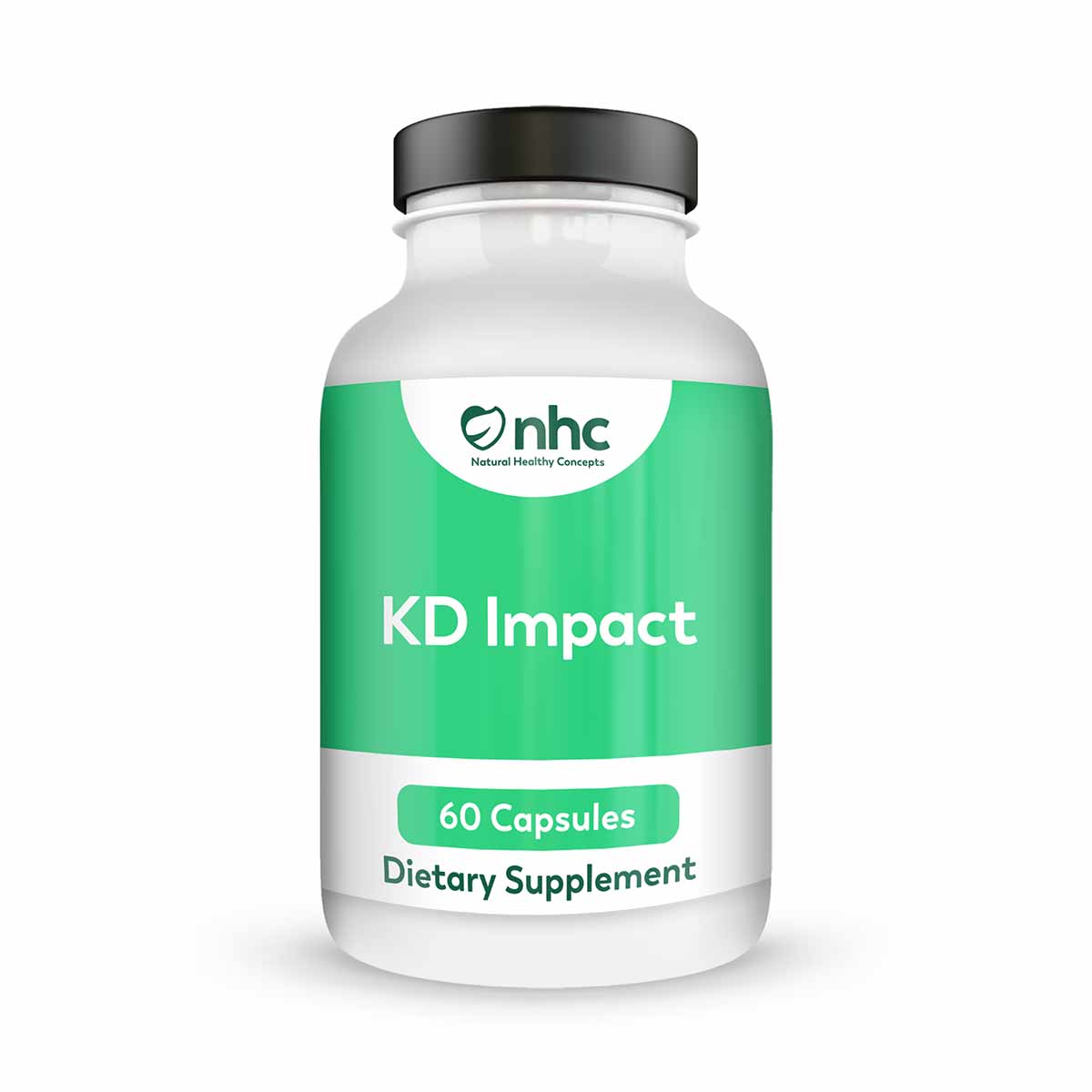 KD Impact dietary supplement bottle with black cap containing 60 capsules by Natural Healthy Concepts.