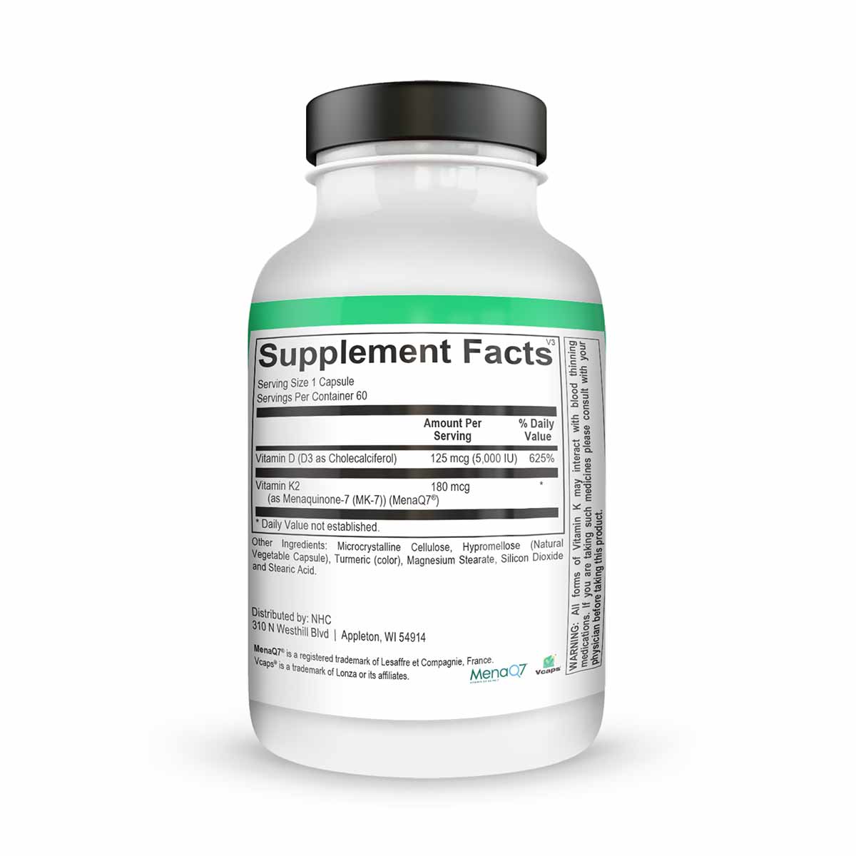 White supplement bottle with black cap and green label band containing vitamin D3 and K2 capsules, 60 servings.