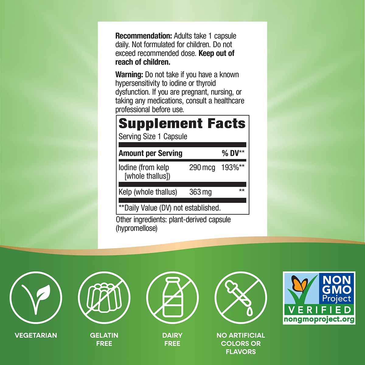 Kelp supplement label showing dosage instructions, supplement facts with iodine and kelp content, and certification icons for