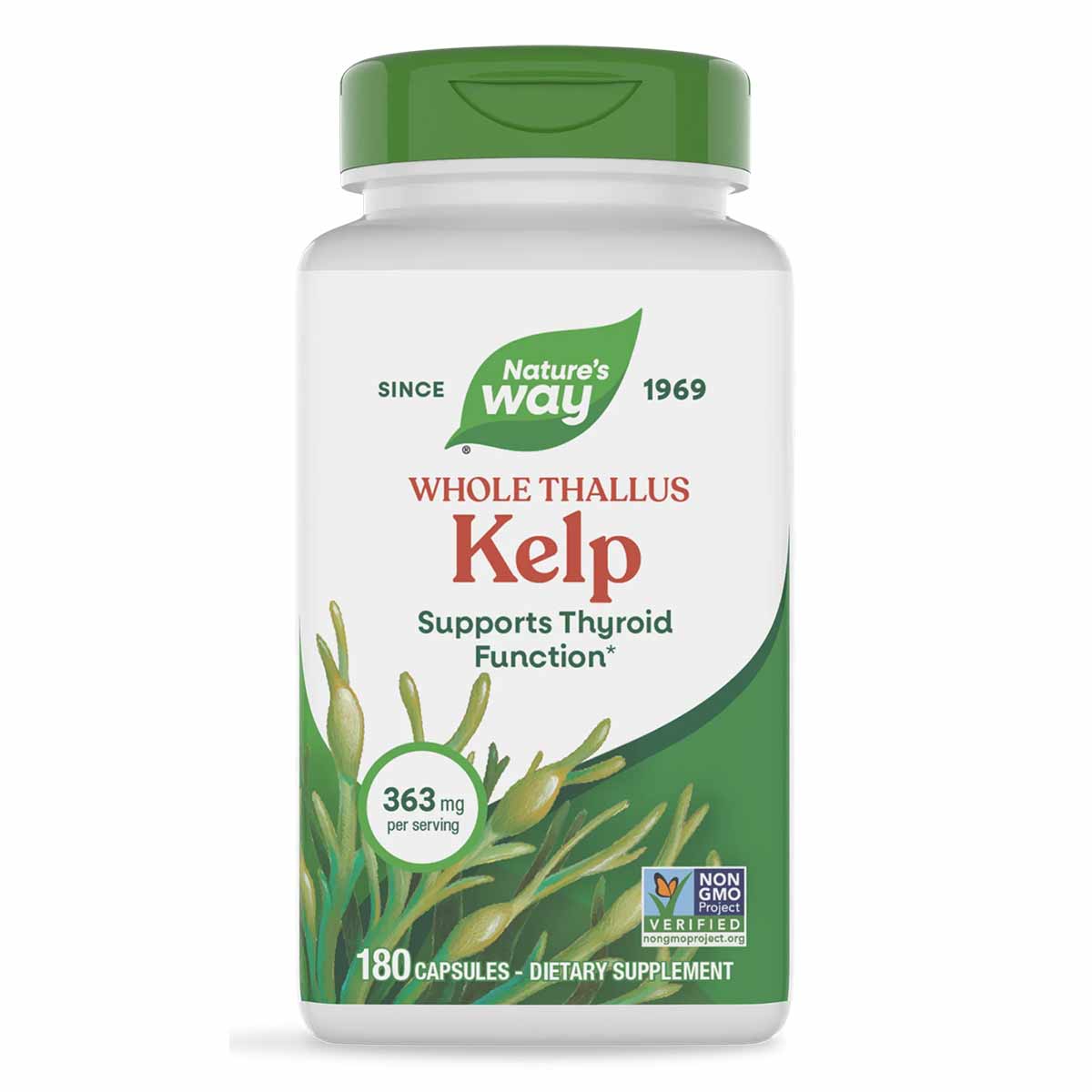 White bottle with green cap containing Nature's Way Whole Thallus Kelp dietary supplement, 180 capsules, 363mg per serving.