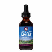 Amber glass bottle with black dropper cap containing Kick Ass Immune Activator herbal supplement by Wishgarden Herbs, 2 fl oz