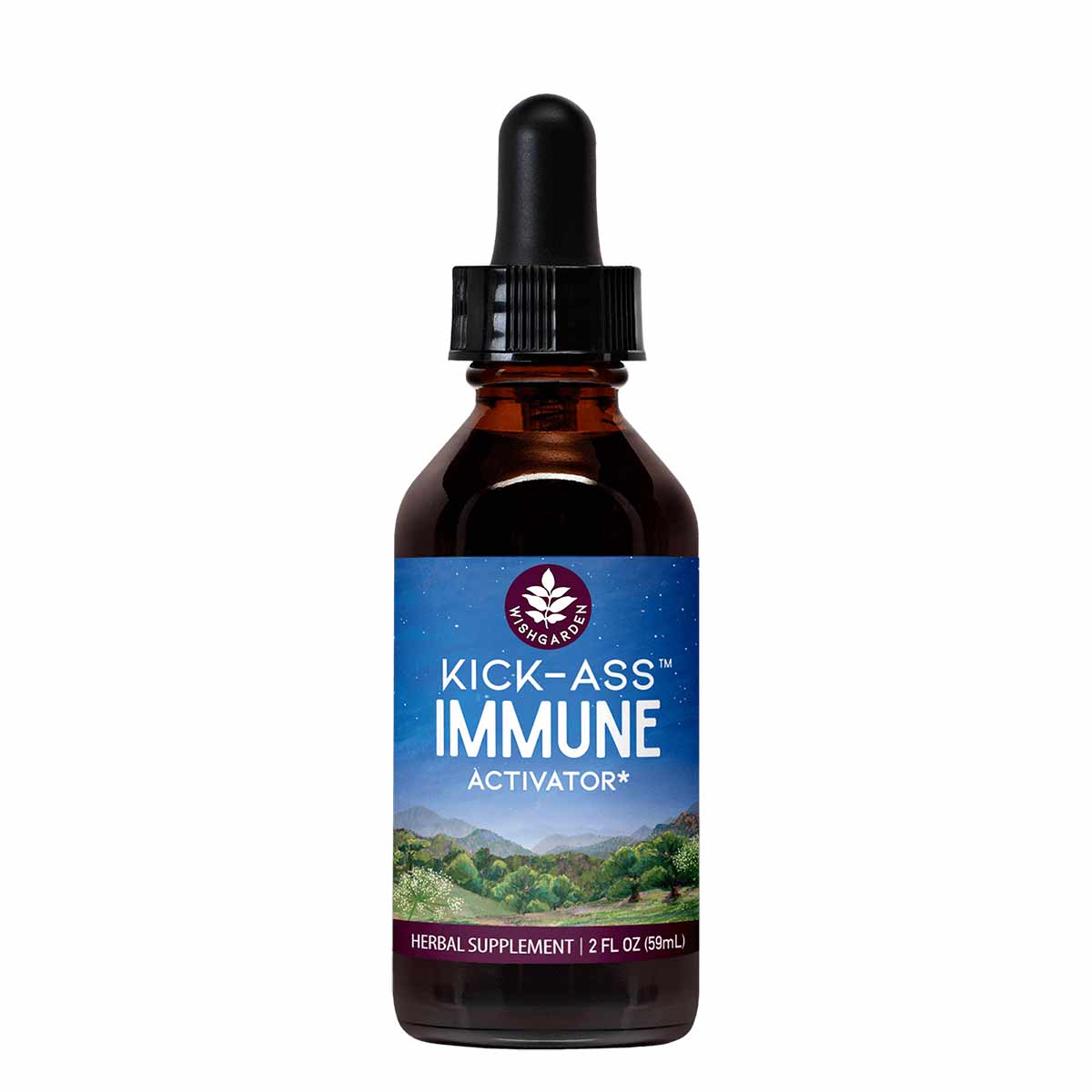 Amber glass bottle with black dropper cap containing Kick Ass Immune Activator herbal supplement by Wishgarden Herbs, 2 fl oz