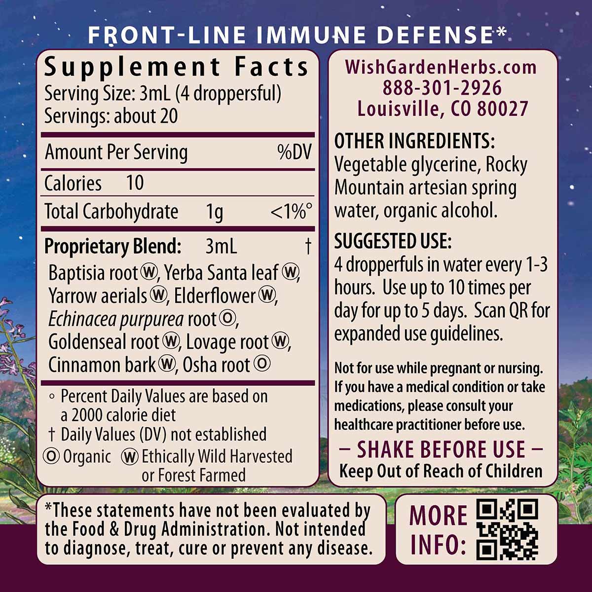 Wishgarden Herbs "Kick Ass Immune" supplement label showing ingredients, serving size, and usage instructions on blue starry 
