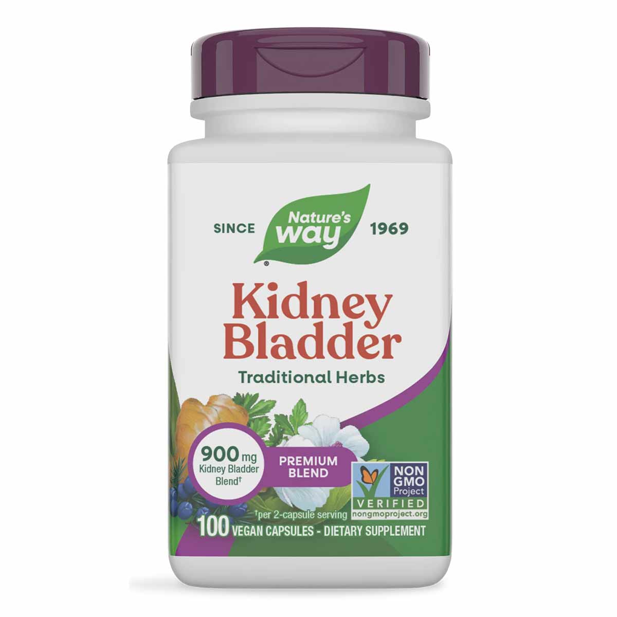 Nature's Way Kidney Bladder supplement bottle with purple cap and white body containing 100 vegan capsules.