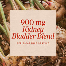 Label showing "900 mg Kidney Bladder Blend per 2-capsule serving" with plant roots in background.
