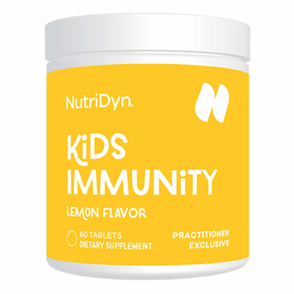 NutriDyn Kids Immunity chewable dietary supplement bottle with white cap, yellow label, lemon flavor, 60 tablets.