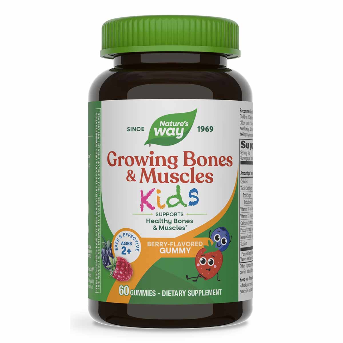 Nature's Way Growing Bones & Muscles Kids gummies in dark glass bottle with green cap, 60 count.
