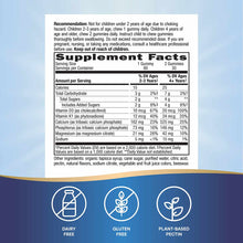 Supplement Facts label for gummies with age-based dosage recommendations, nutritional information including vitamins D3 and K