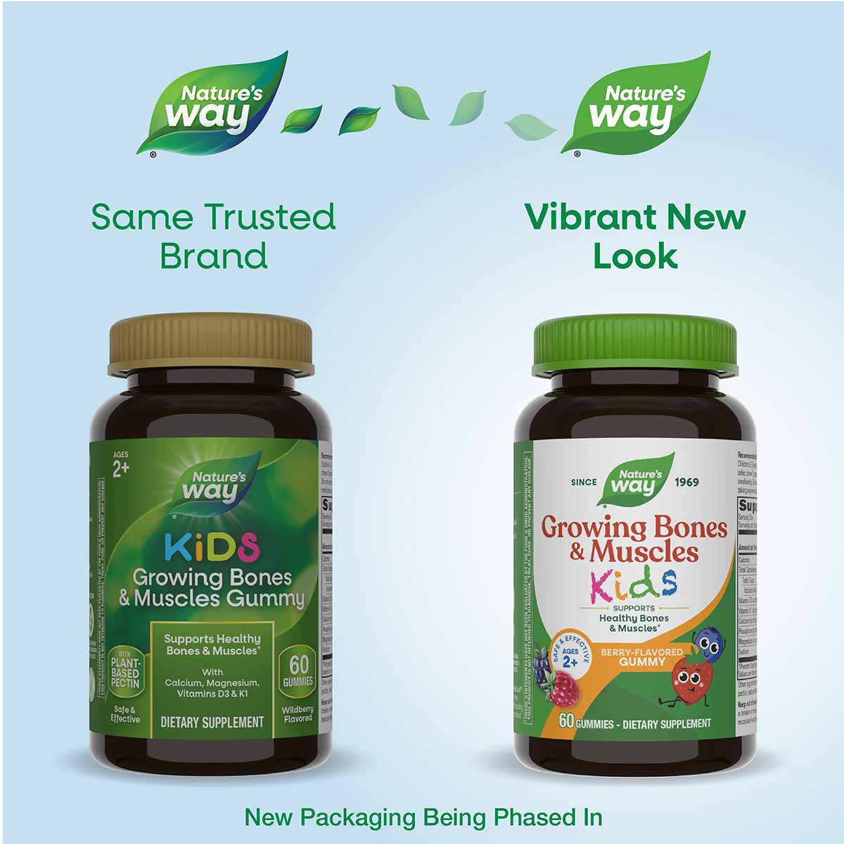Two bottles of Nature's Way Kids Growing Bones & Muscles Gummies showing old and new packaging designs side by side.