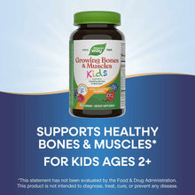 Brown bottle with green cap containing Nature's Way Growing Bones & Muscles Kids gummies, 60 count, berry flavored.