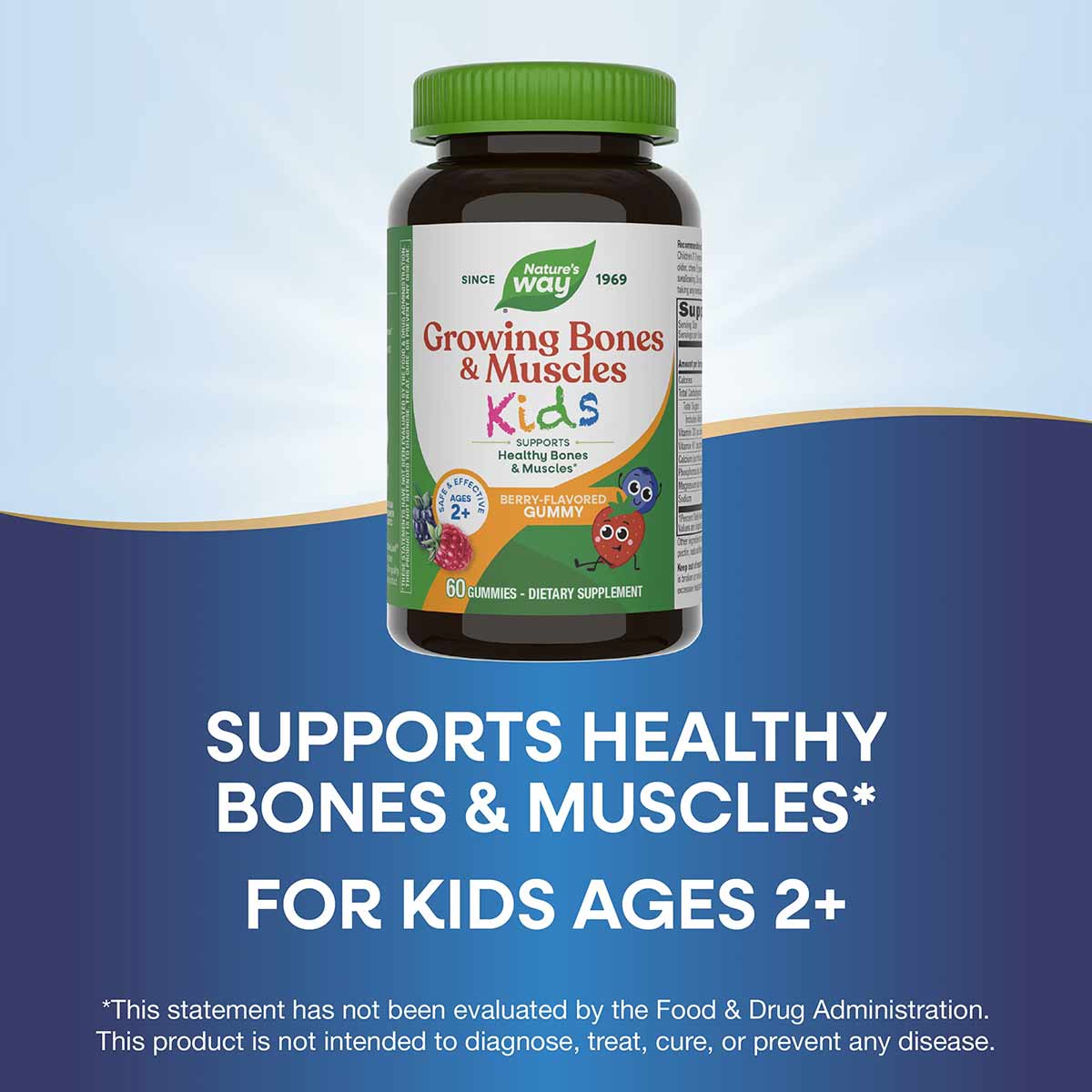 Brown bottle with green cap containing Nature's Way Growing Bones & Muscles Kids gummies, 60 count, berry flavored.