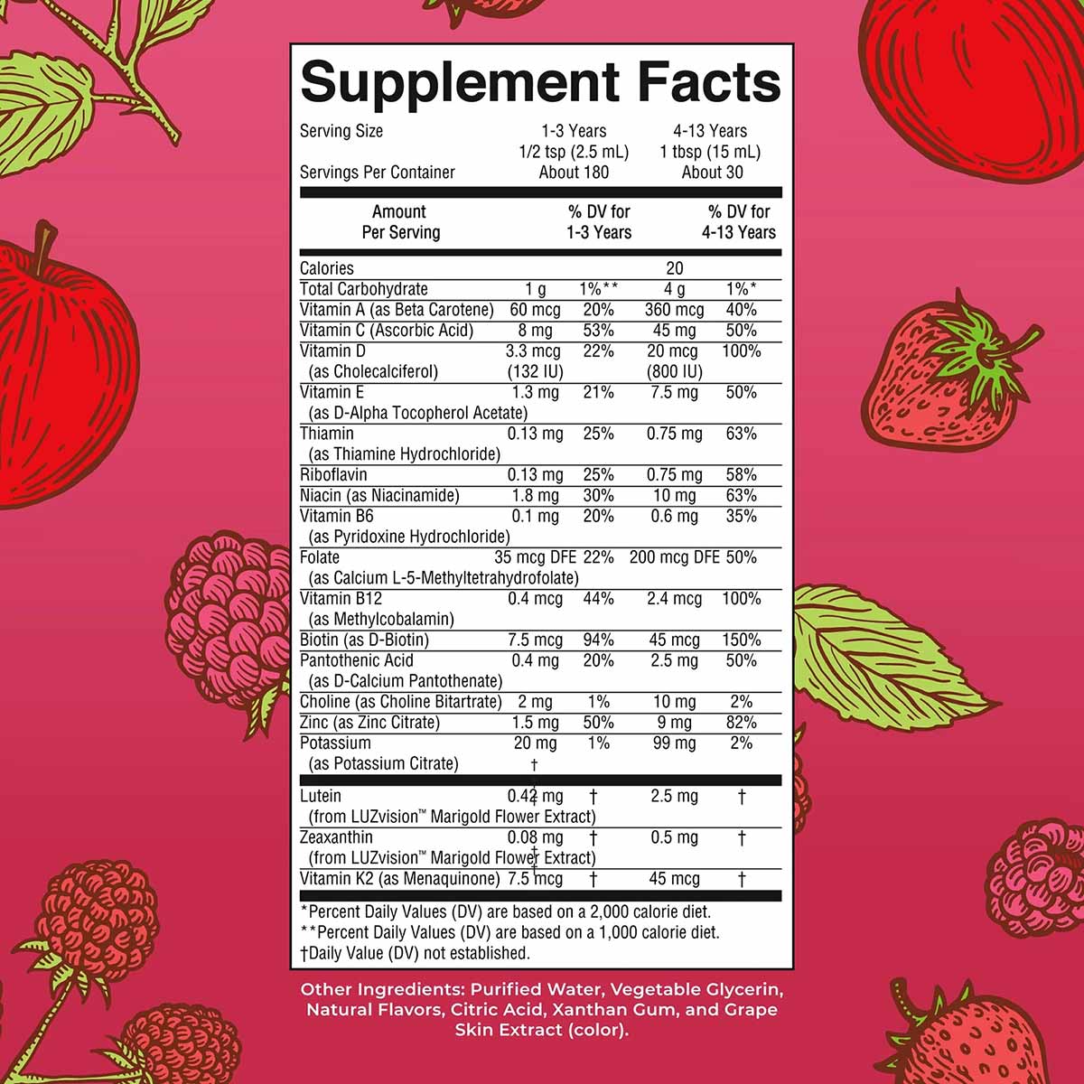Supplement Facts label for Kids Liquid Morning Multivitamin showing serving sizes, nutritional content, and vitamin percentag