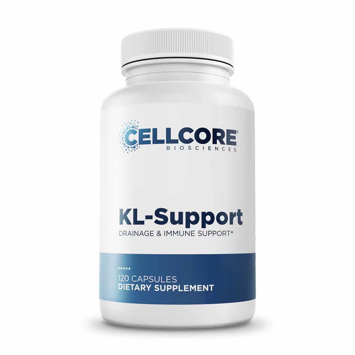 White bottle of CellCore KL-Support dietary supplement containing 120 capsules with blue label band.