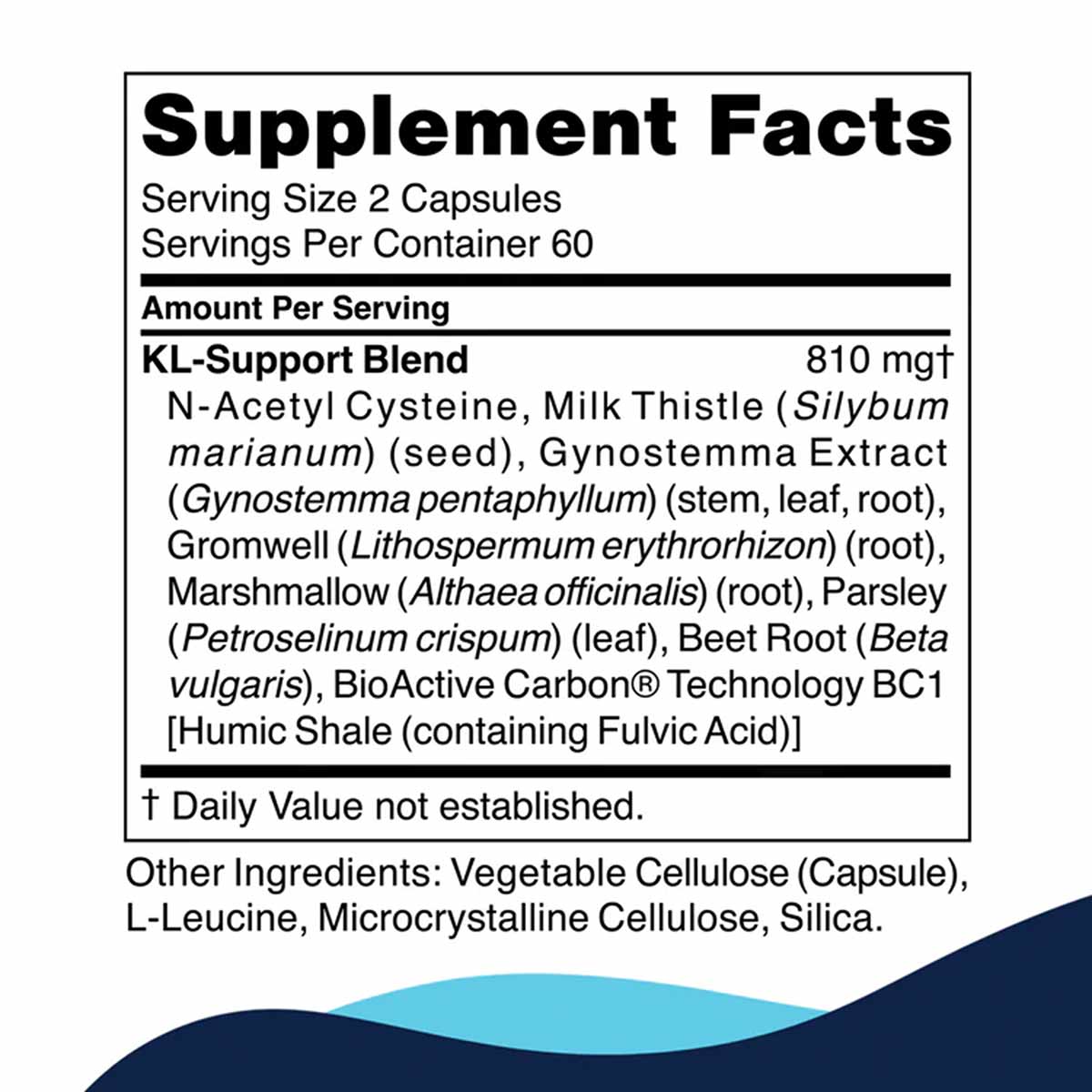 Supplement Facts label for KL Support capsules showing serving size, ingredient blend, and other ingredients.