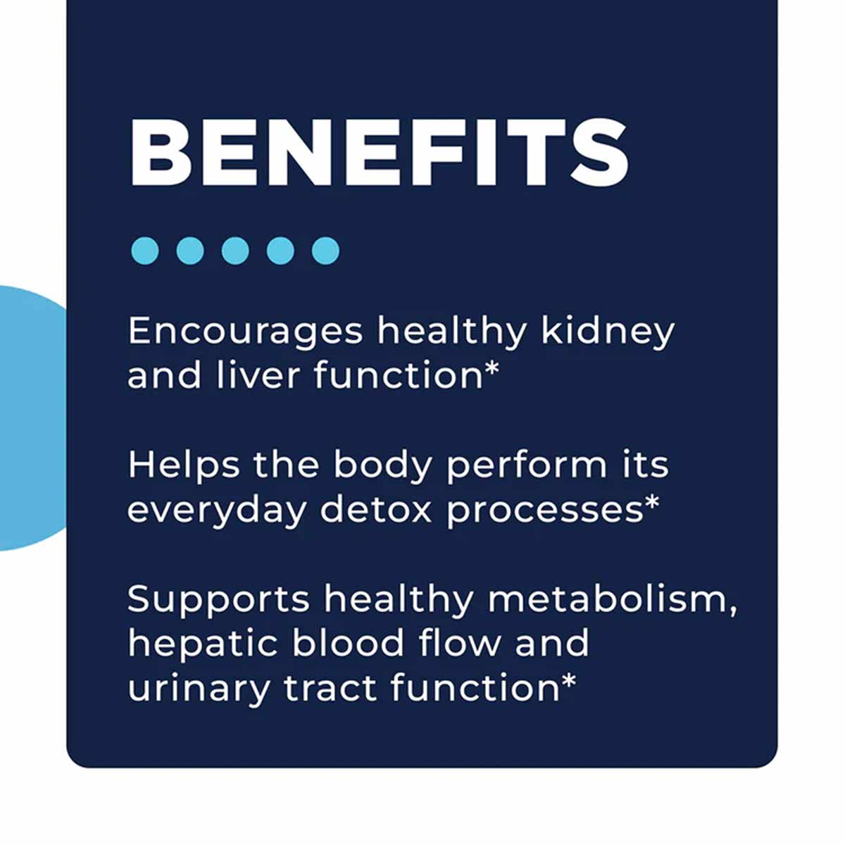 Dark blue rectangular card with white "BENEFITS" heading and five blue dots, listing product benefits in white text.