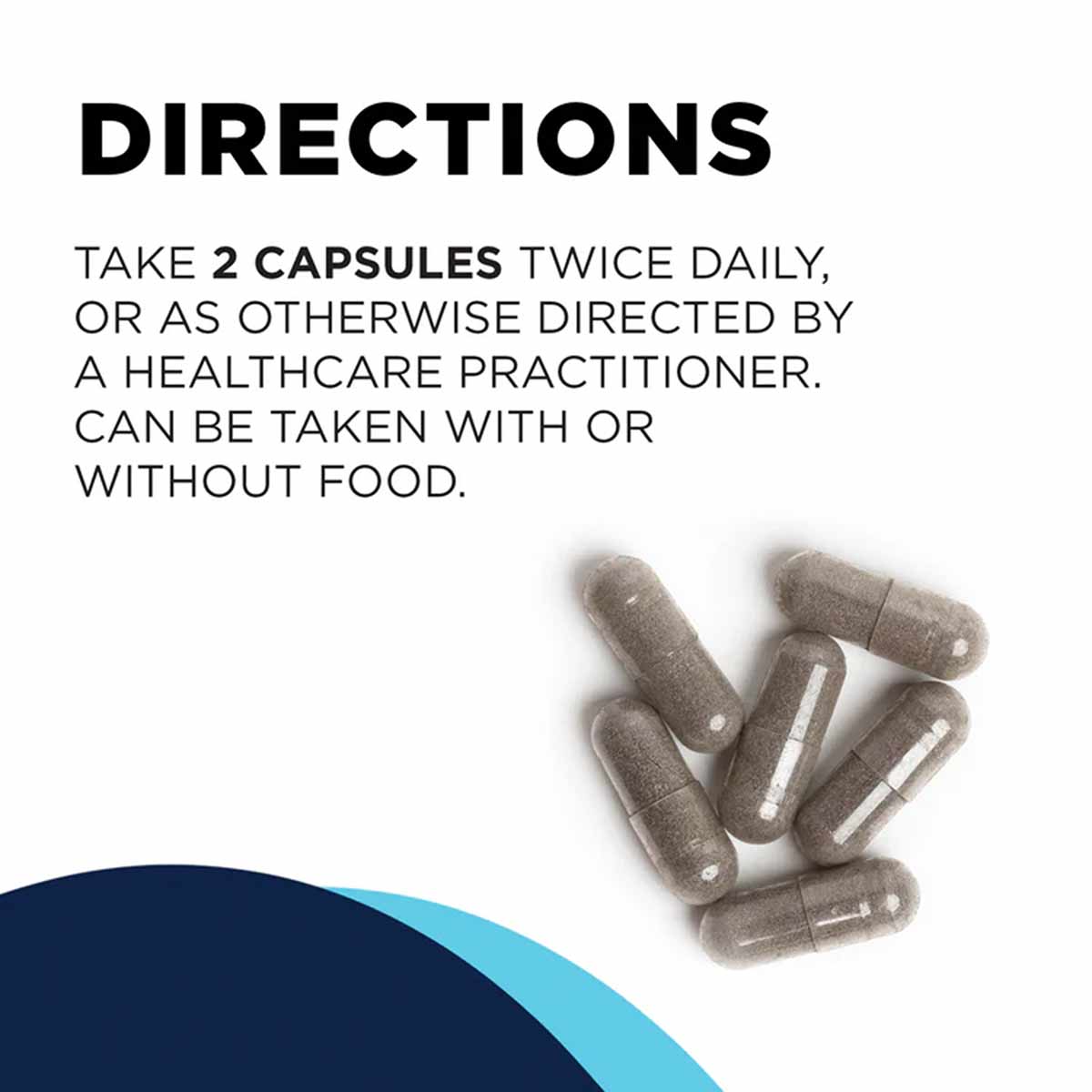 KL Support capsules with directions to take 2 capsules twice daily, with or without food.