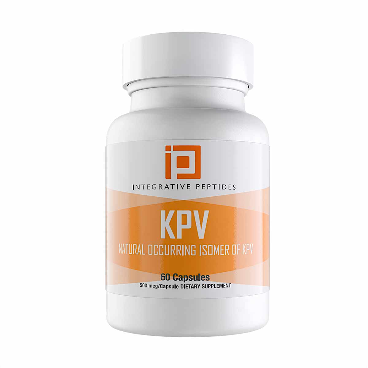 White supplement bottle labeled KPV by Integrative Peptides, containing 60 capsules at 500 mcg per capsule.