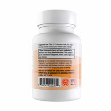 White supplement bottle with orange label containing usage instructions, warnings, barcode, and GMP certification seal.