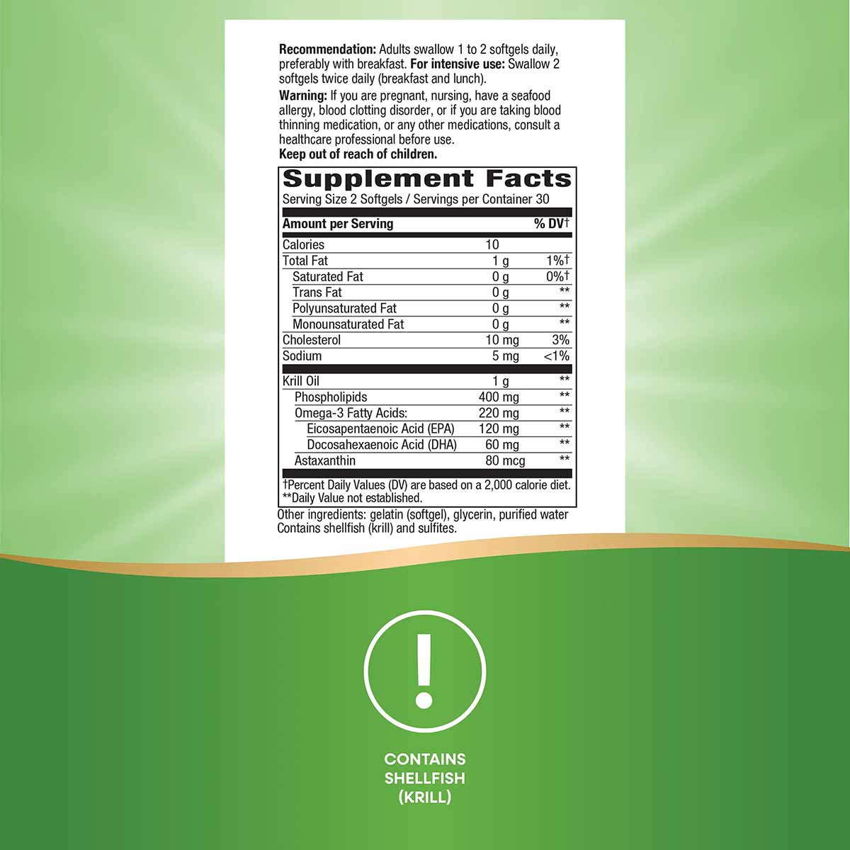 Supplement Facts label for Nature's Way Krill Oil 500mg softgels showing nutritional information and dosage instructions on g