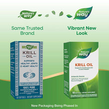 Nature's Way Krill Oil 500 mg supplement bottles showing old blue packaging on left and new green packaging on right.