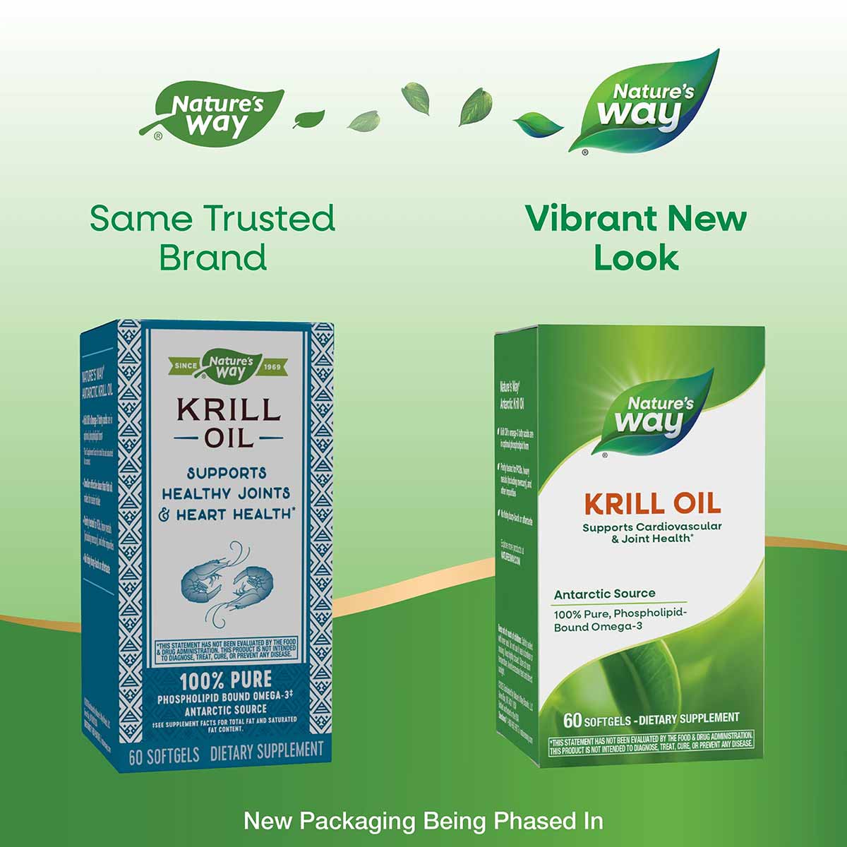 Nature's Way Krill Oil 500 mg supplement bottles showing old blue packaging on left and new green packaging on right.