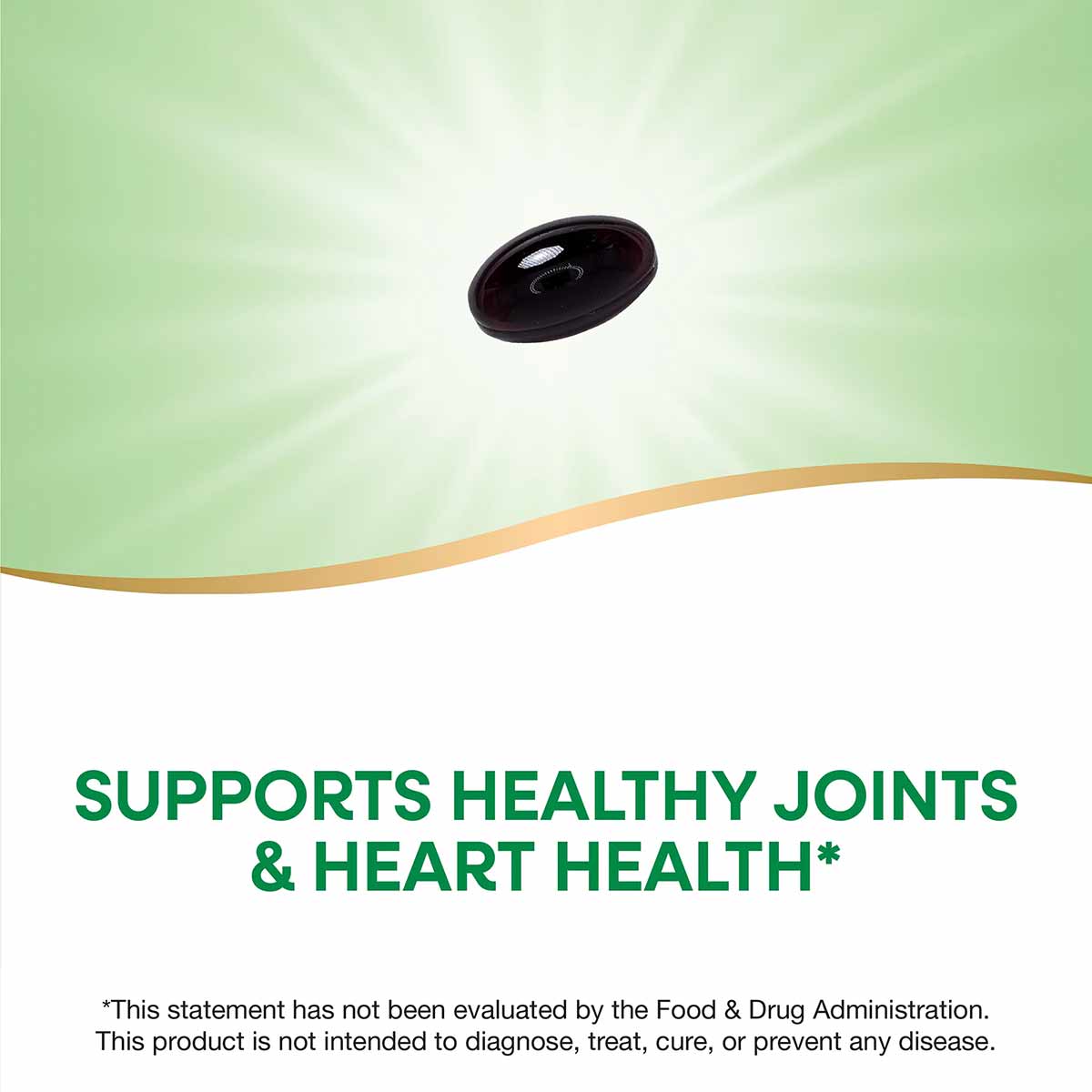 Dark reddish-brown oval softgel capsule on green and white background with gold curved accent line.