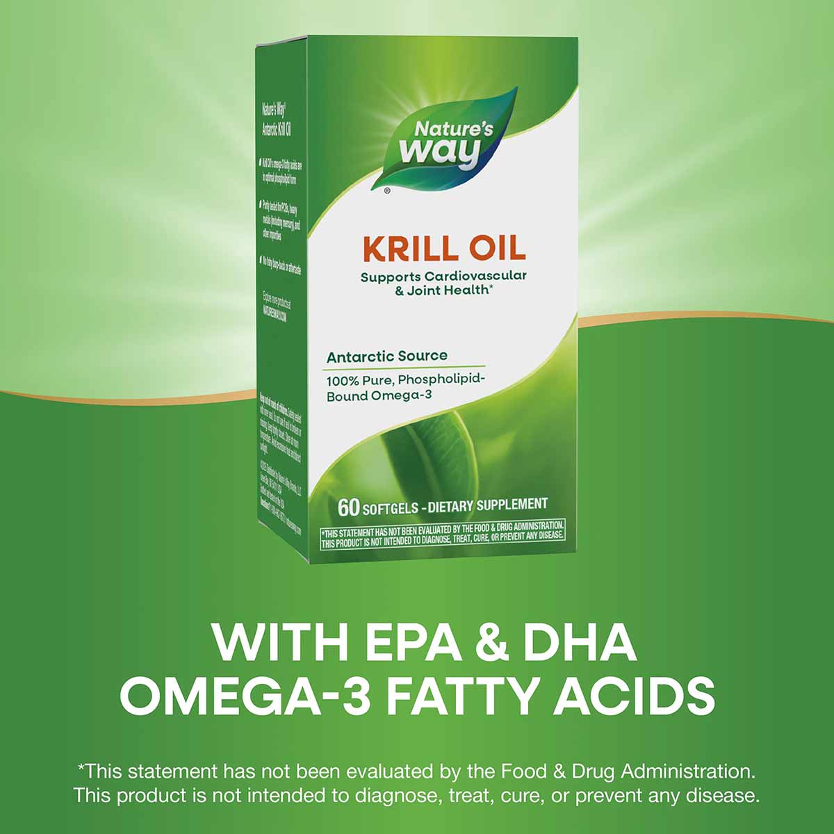 Nature's Way Krill Oil 500 mg bottle with green and white packaging, 60 softgels, dietary supplement.