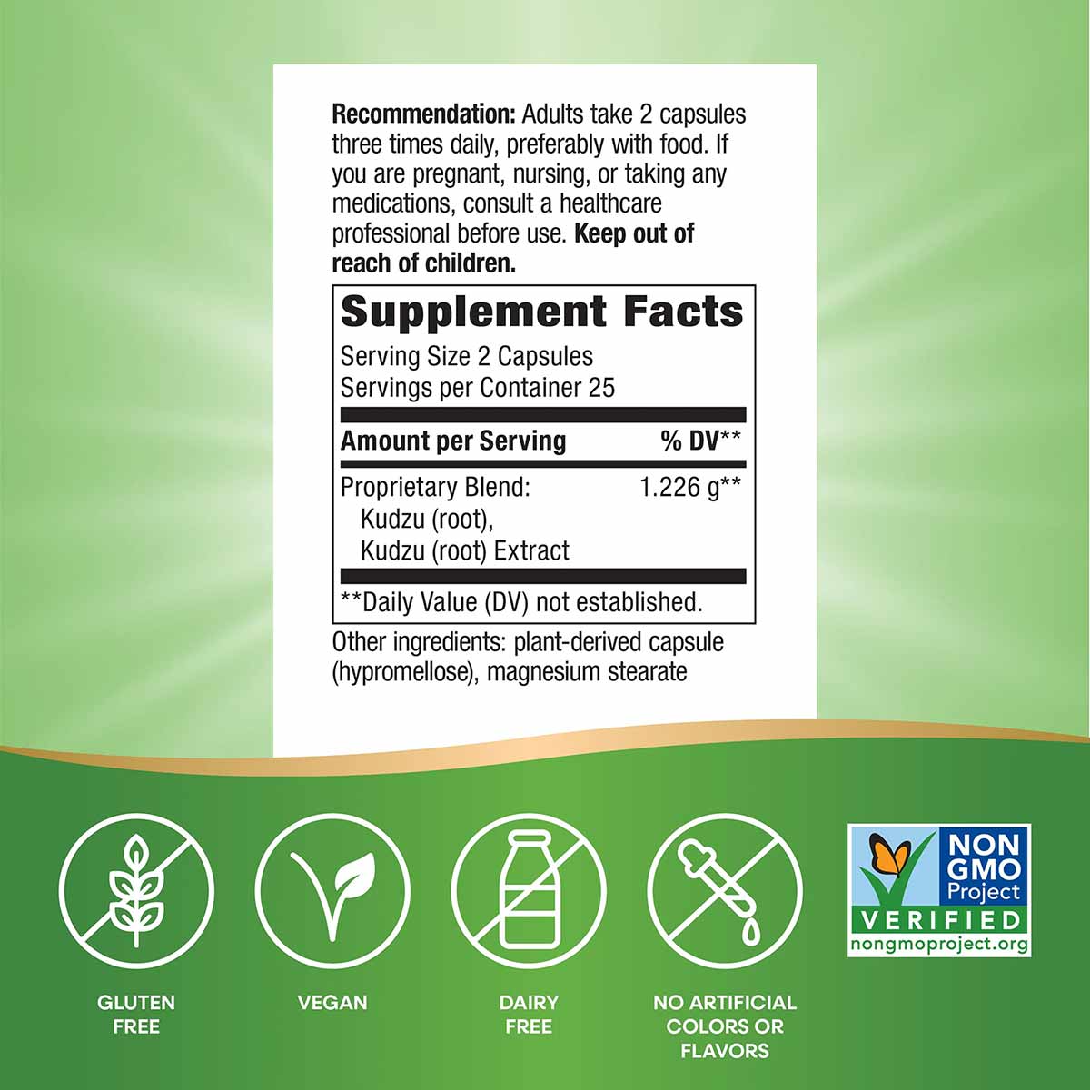 Supplement Facts label for Kudzu Root capsules showing dosage, ingredients, and certifications including gluten-free, vegan, 