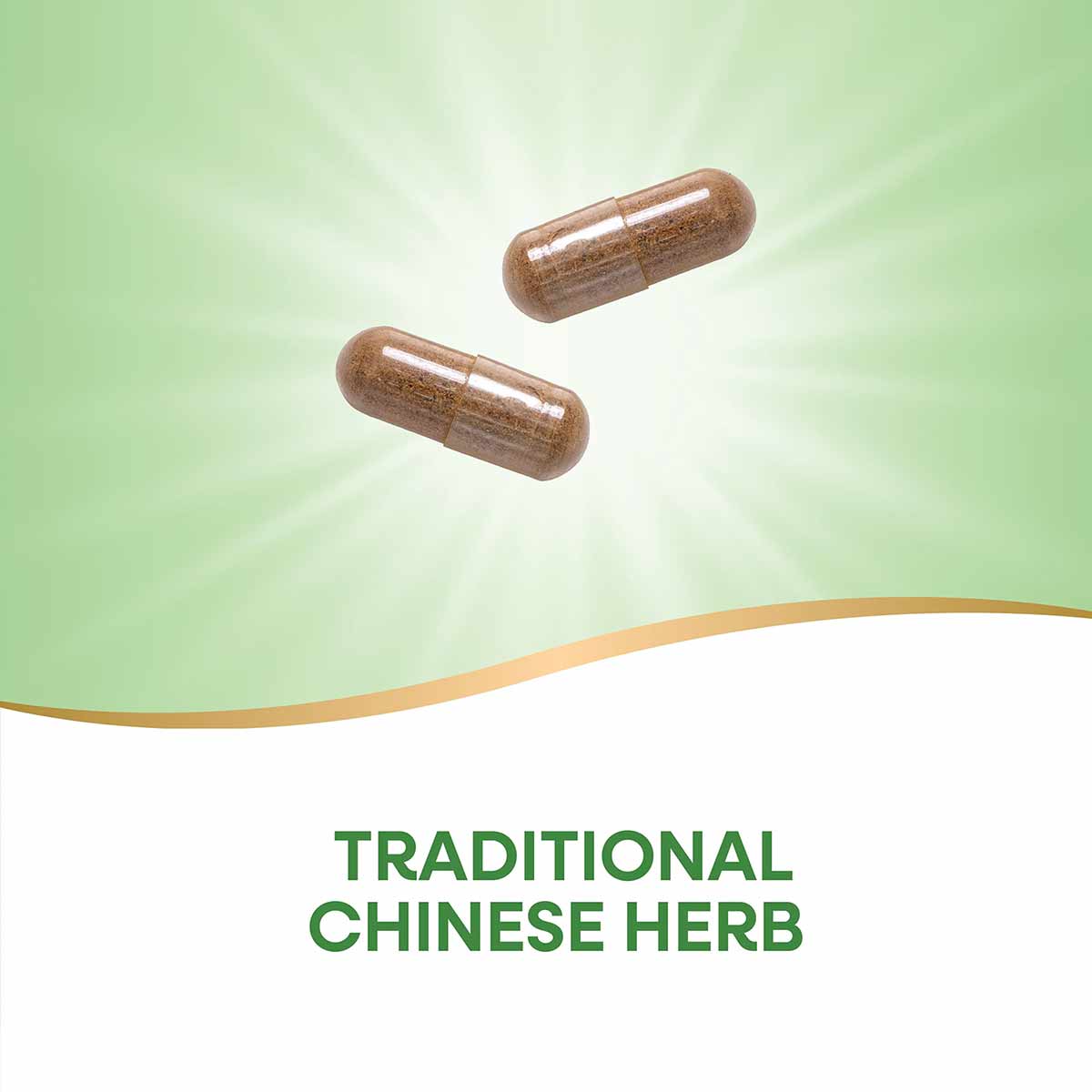 Two brown herbal supplement capsules on green background with "Traditional Chinese Herb" text below.