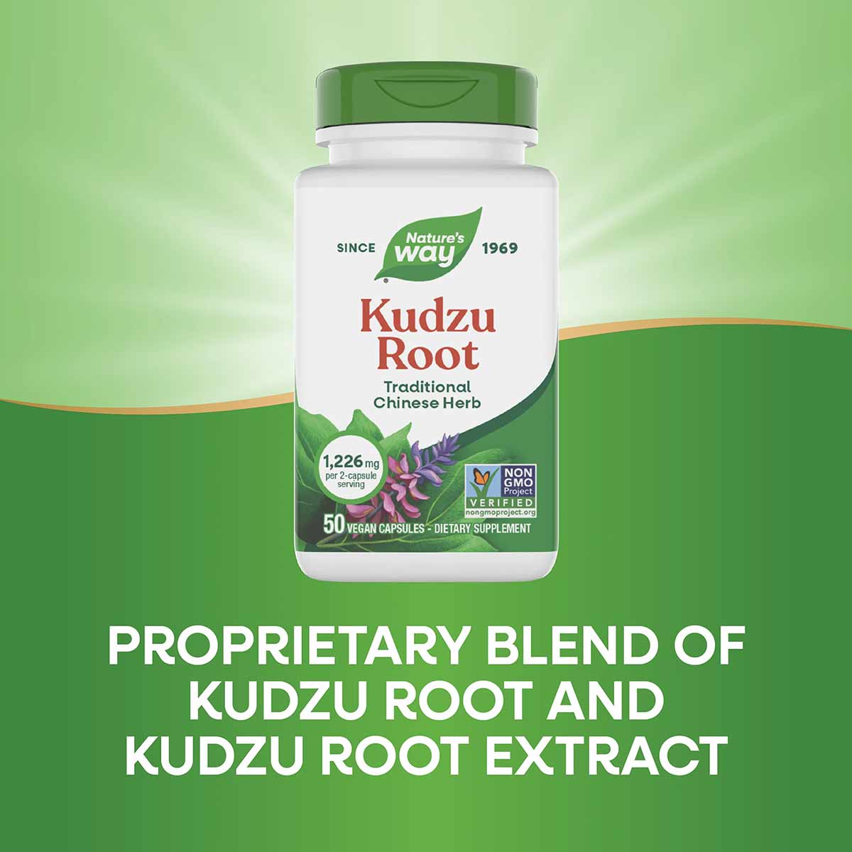 Nature's Way Kudzu Root supplement bottle with green cap, 50 vegan capsules, 1,226 mg per serving.