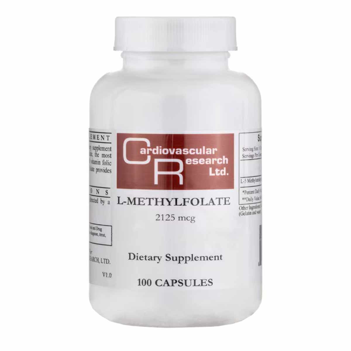 White bottle labeled L-Methylfolate 2125 mcg, 100 Capsules by Cardiovascular Research Ltd., with white cap.