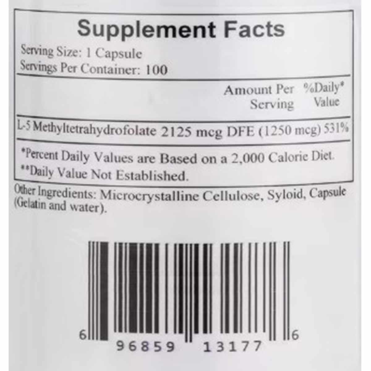 Supplement Facts label showing L-Methylfolate dosage, serving size, and ingredients with barcode below.
