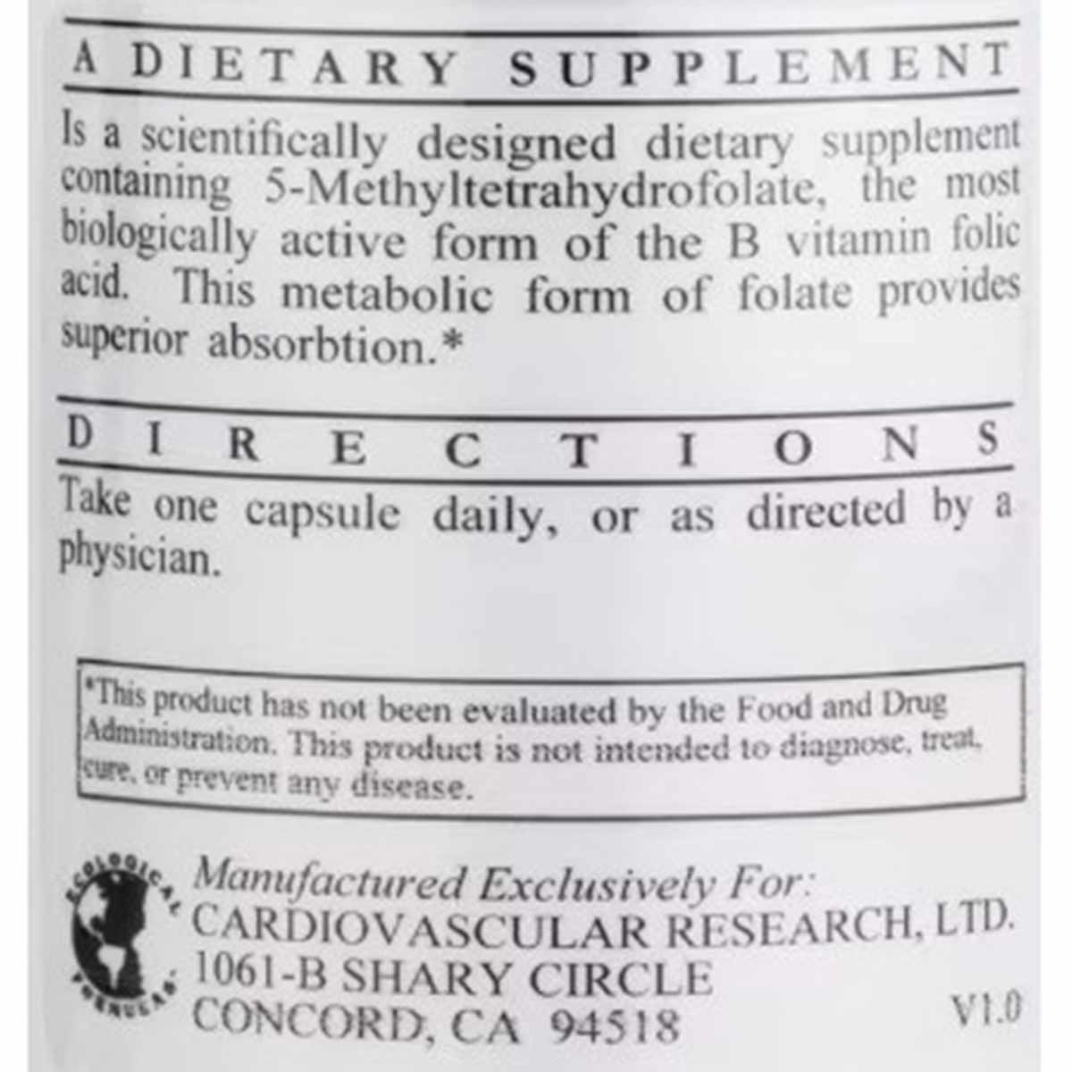 Supplement label showing product information, directions, and manufacturer details for L-Methylfolate dietary supplement.