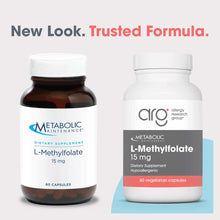 Two bottles of L-Methylfolate 15 mg supplement by Allergy Research Group, showing old and new label designs, each containing 