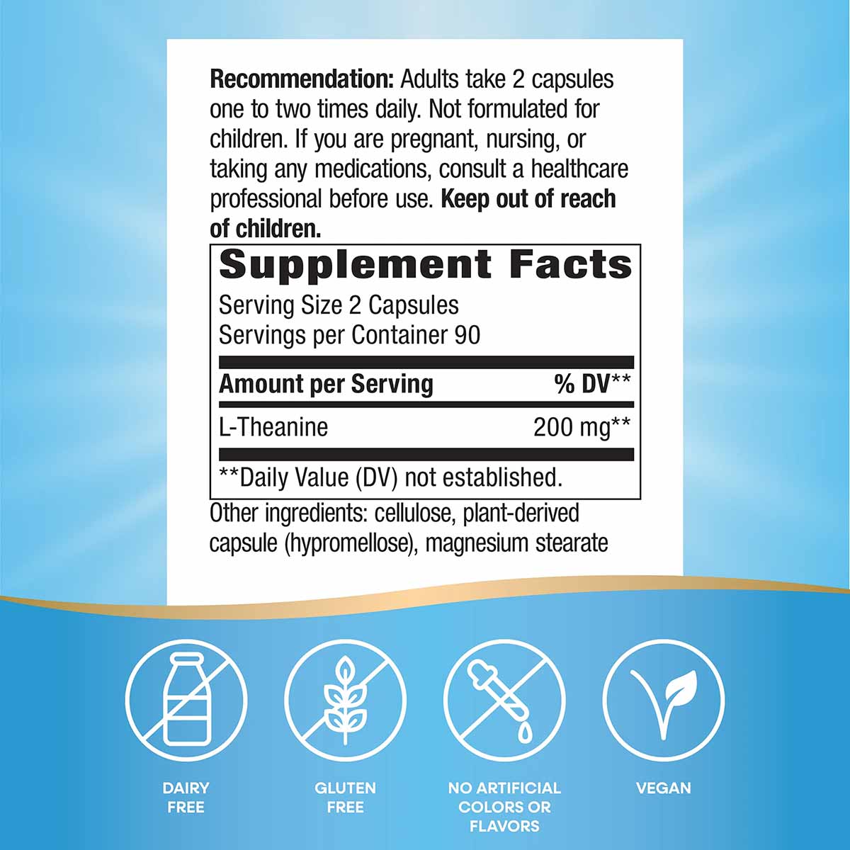 Supplement Facts label for Nature's Way L-Theanine 200mg capsules with dosage instructions and ingredient list on blue backgr