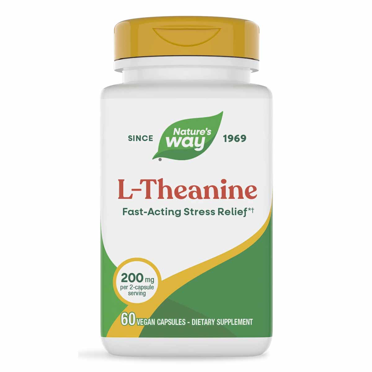 White supplement bottle with gold cap featuring Nature's Way L-Theanine 200mg label, 60 vegan capsules.
