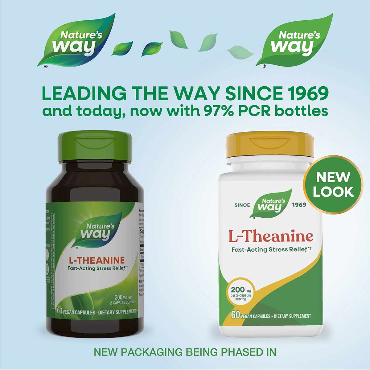 Two Nature's Way L-Theanine supplement bottles, one dark glass and one white plastic, each containing 60 vegan capsules at 20