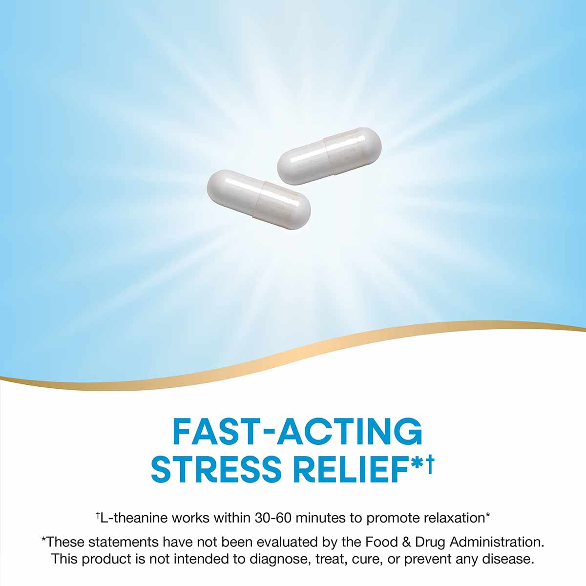 White capsule pills on blue background with gold wave design and text describing L-theanine supplement benefits.