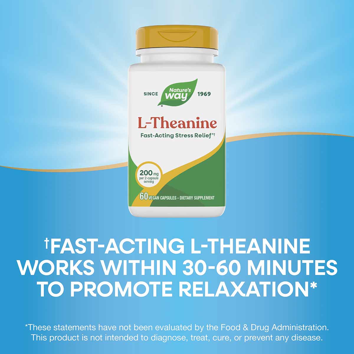 Nature's Way L-Theanine 200 mg supplement bottle with gold cap and white label containing 60 vegan capsules.
