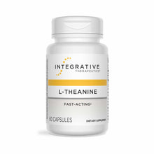 White bottle of L-Theanine dietary supplement with gold band and Integrative Therapeutics logo, labeled 60 capsules.