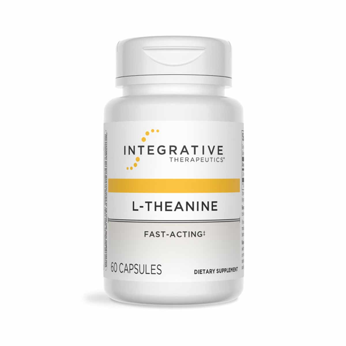 White bottle of L-Theanine dietary supplement with gold band and Integrative Therapeutics logo, labeled 60 capsules.