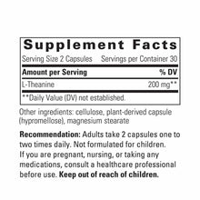 Supplement Facts label showing L-Theanine 200mg per serving, 2 capsules, 30 servings per container, with other ingredients an
