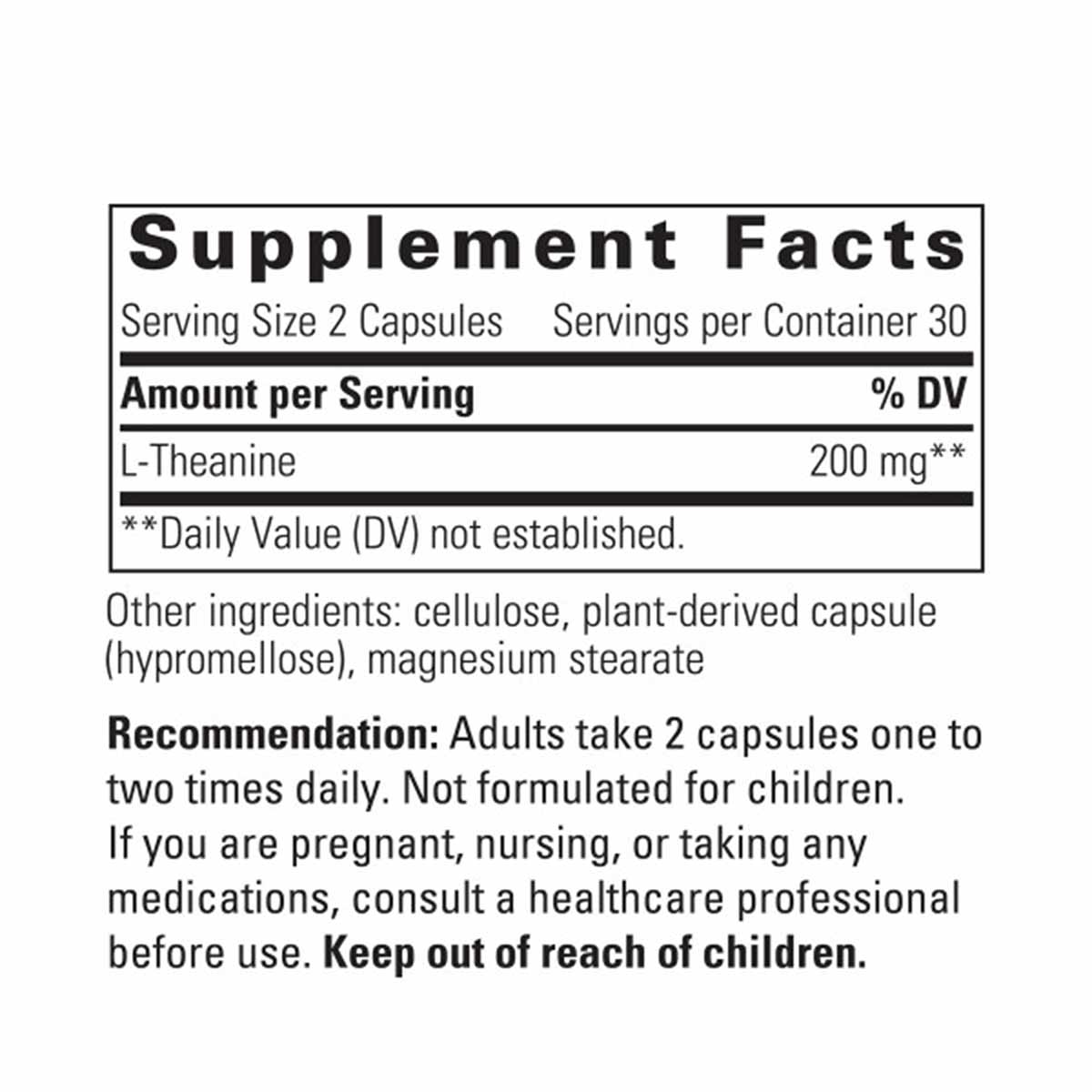 Supplement Facts label showing L-Theanine 200mg per serving, 2 capsules, 30 servings per container, with other ingredients an
