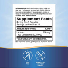 Supplement Facts label for Lactase Enzyme capsules showing 690 mg per serving with usage recommendations and dairy-free certi
