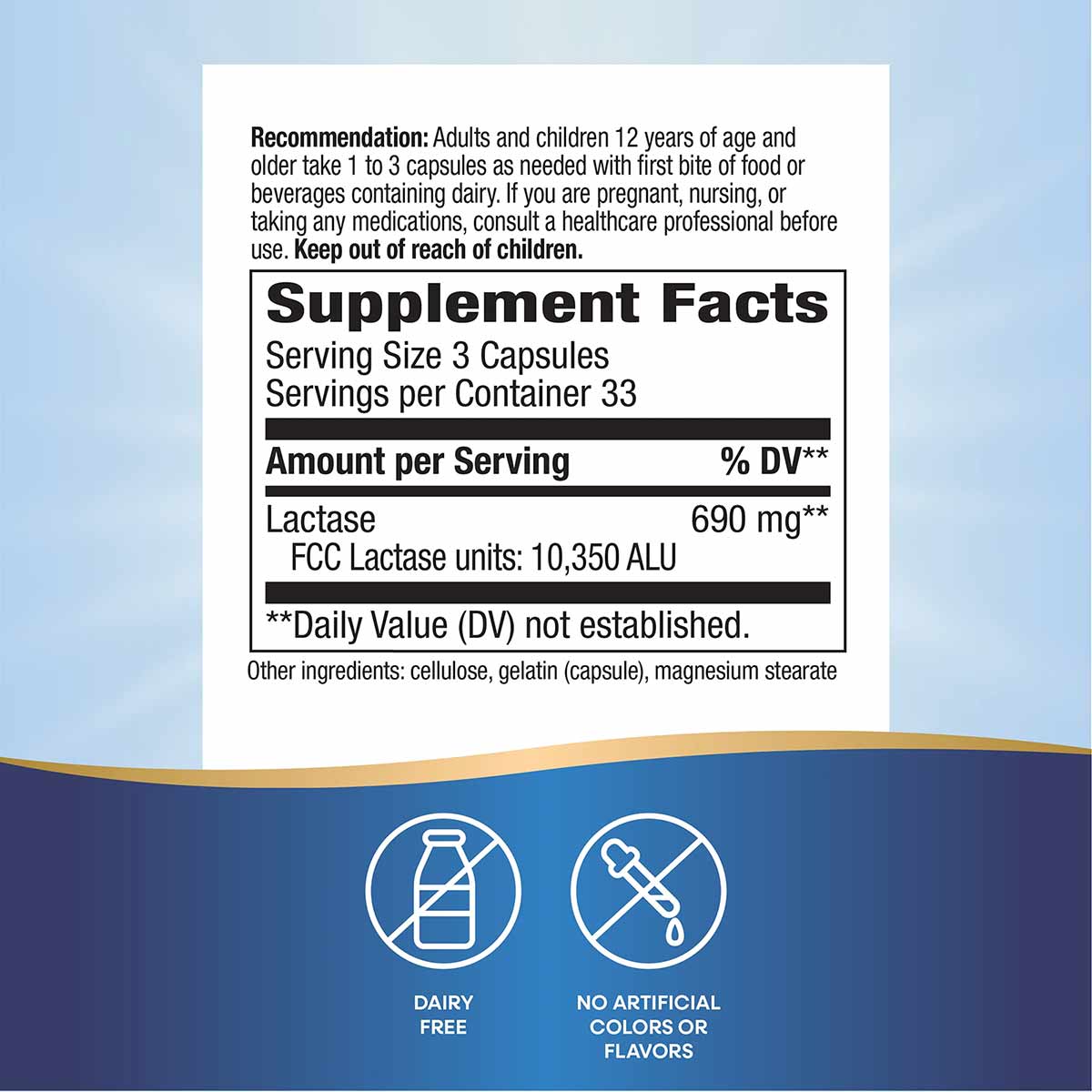 Supplement Facts label for Lactase Enzyme capsules showing 690 mg per serving with usage recommendations and dairy-free certi
