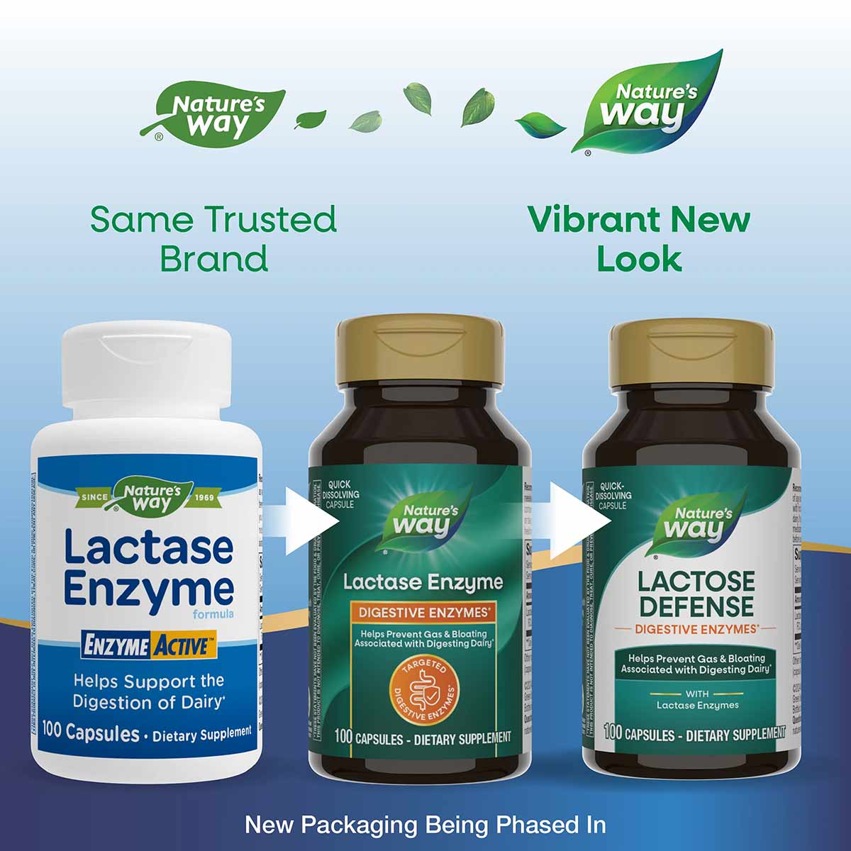 Three bottles of Nature's Way Lactase Enzyme dietary supplement showing old and new packaging designs.